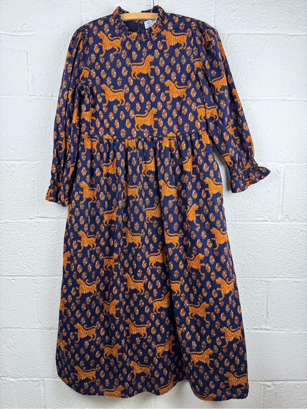 Pink City Prints Tiger Block Print Cotton Midi Dress Ruffle Neck India Size M - Picture 3 of 13